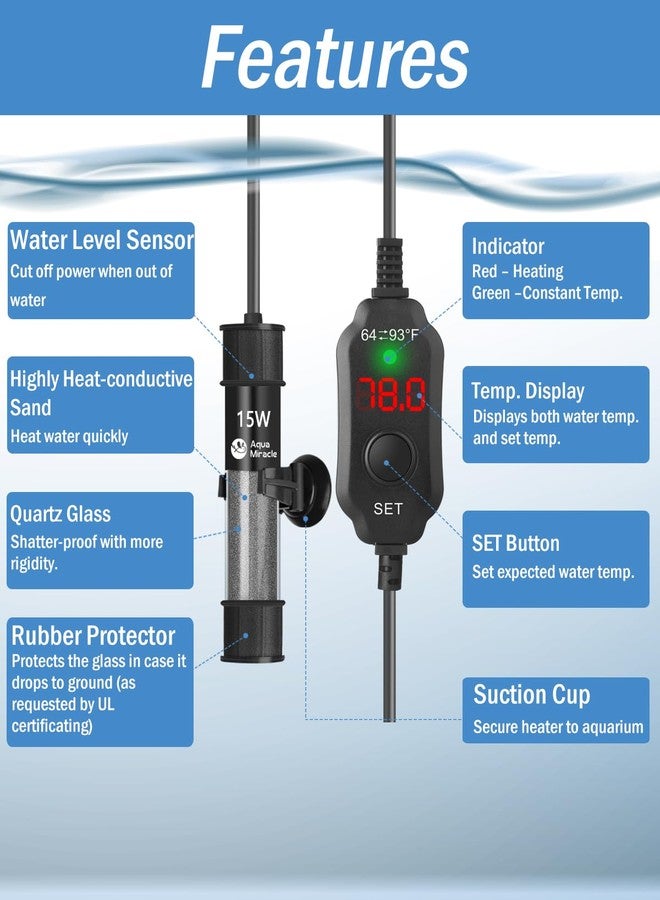 AquaMiracle سخان حوض أسماك AquaMiracle قابل للتعديل بقوة 15 واط، سخان غاطس لحوض السمك، سخان حوض سمك قصير جدًا مزود بمنظم حرارة بشاشة عرض رقمية LED، مناسب لأحواض الأسماك من 1 إلى 3 جالونات - Image 3